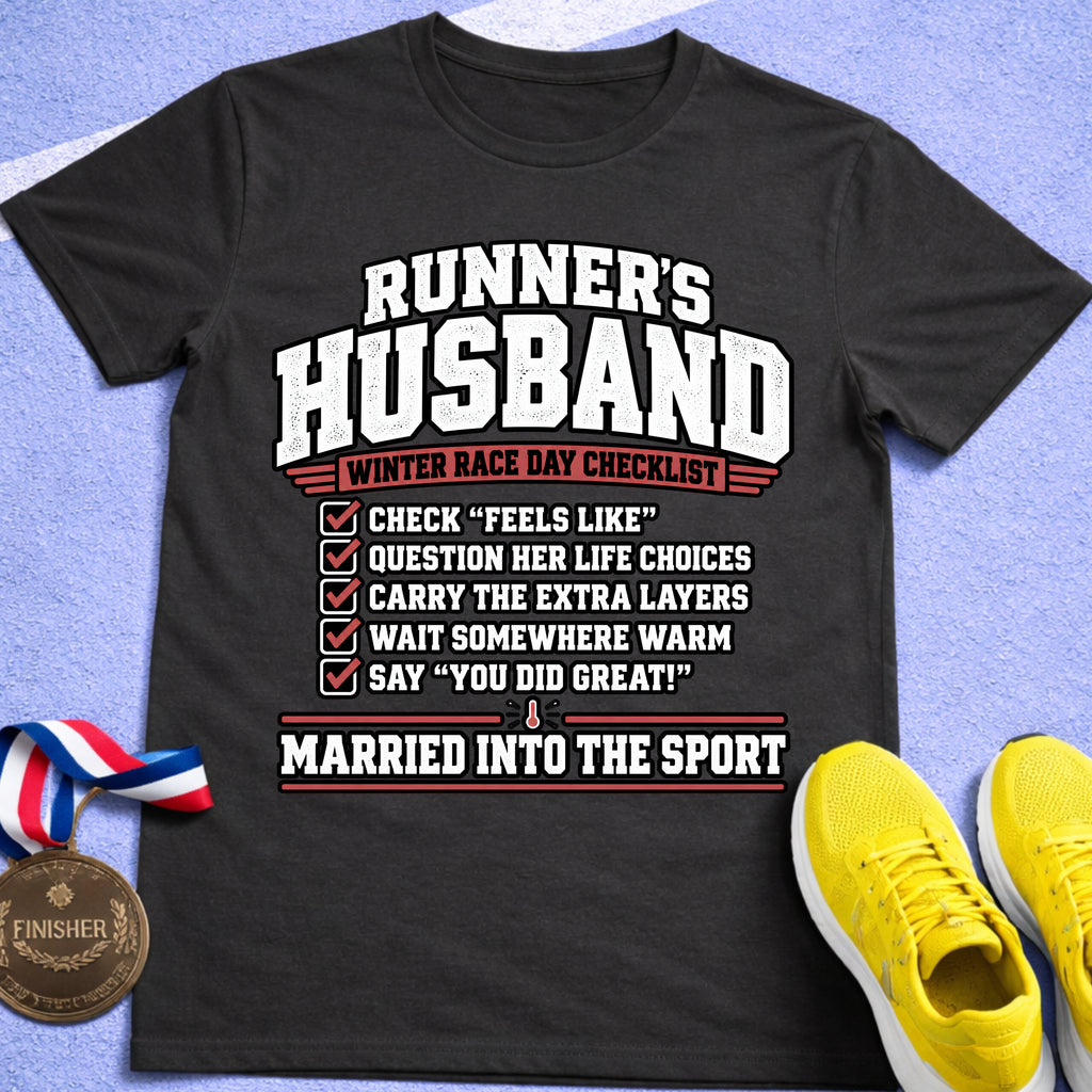 Runner's Husband Winter Race Day Checklist T-Shirt
