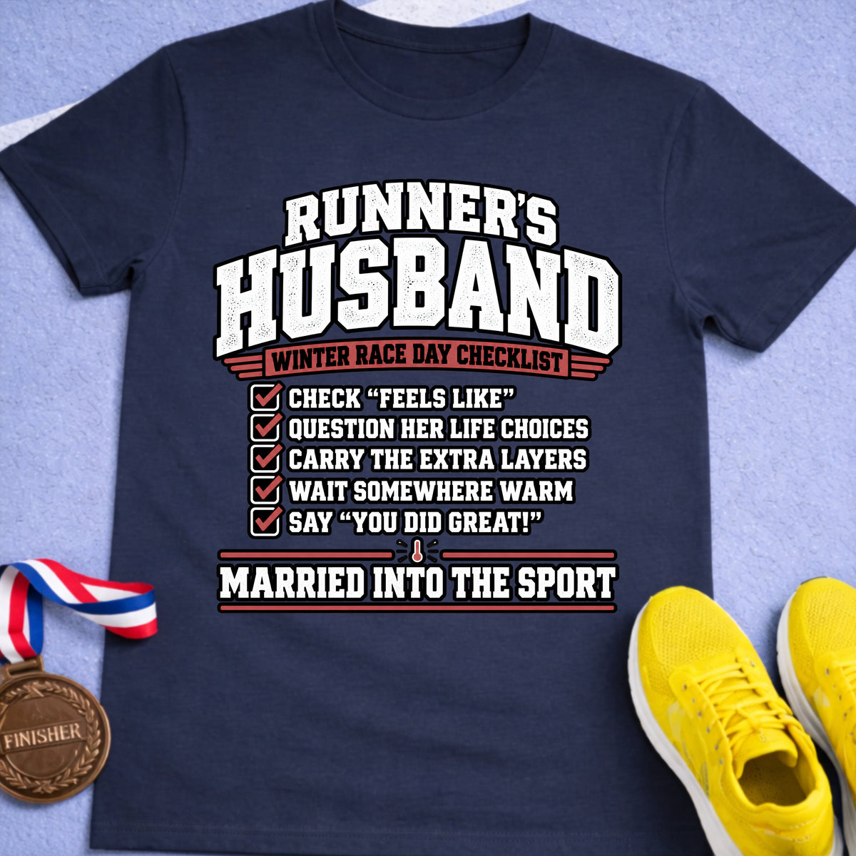 Runner's Husband Winter Race Day Checklist T-Shirt