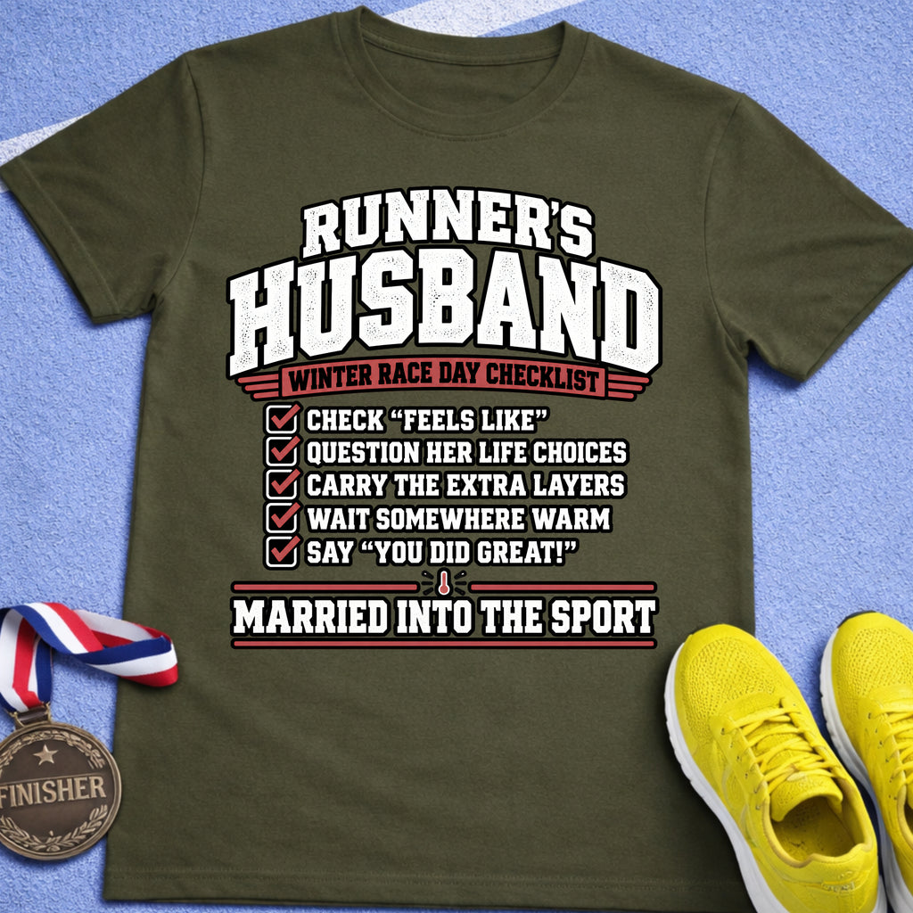 Runner's Husband Winter Race Day Checklist T-Shirt