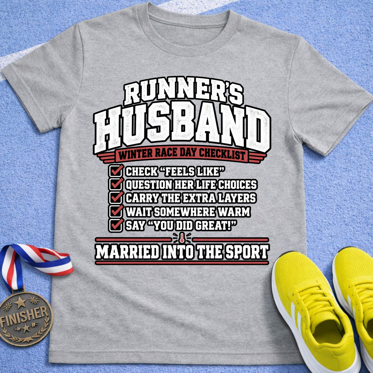 Runner's Husband Winter Race Day Checklist T-Shirt