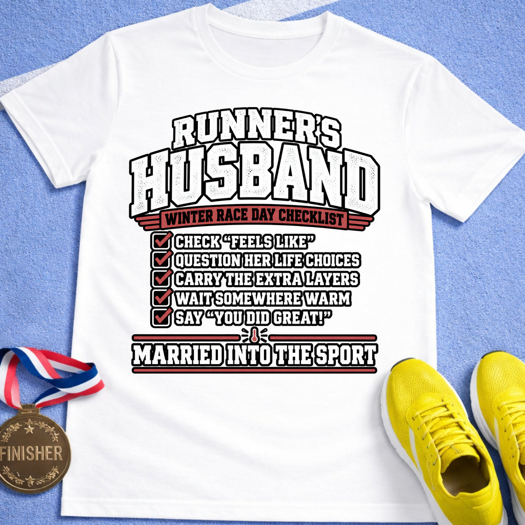 Runner's Husband Winter Race Day Checklist T-Shirt